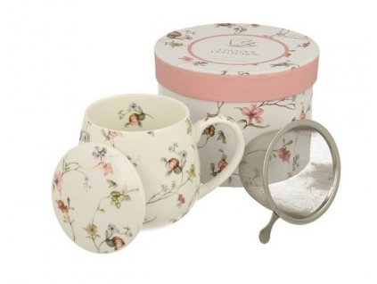 Porcelánový hrnek buclák s víčkem a kov. sítkem "Pnoucí květiny" v dárkové krabičce - 430 ml