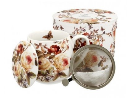 Porcelánový hrnek buclák s víčkem a kov. sítkem "Roses s motýlem" v dárkové krabičce - 430 ml
