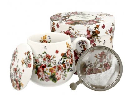 Porcelánový hrnek buclák s víčkem a kov. sítkem "VINTAGE FLOWERS - WHITE" v dárkové krabičce - 430 ml