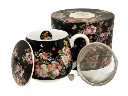 Porcelánový hrnek barylka s víčkem a kov. sítkem "VINTAGE FLOWERS - BLACK " v dárkové krabičce - 430 ml