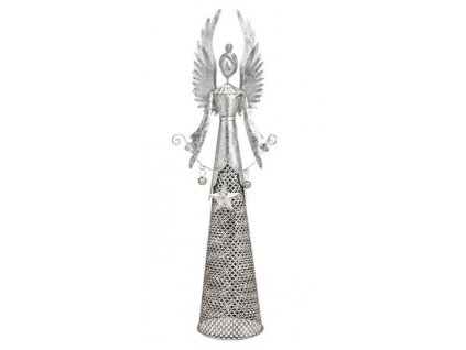 Anděl kovový stříbrný s rolničkami a hvězdou - 54 cm