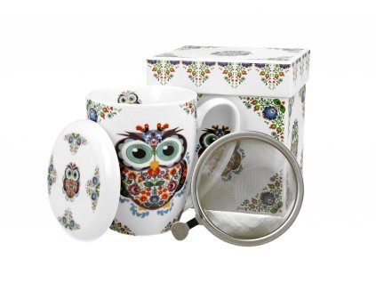 Porcelánový hrnek se sítkem a porcelánovým víčkem, dekor Sova Etno v dárkové krabičce 380 ml