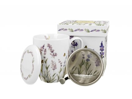 Porcelánová hrnek se sítkem a porcelánovým víčkem, dekor Provence LEVANDULE v dárkové krabičce 380 ml