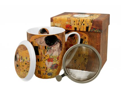 Porcelánová hrnek se sítkem a porcelánovým víčkem, dekor G. Klimt Polibek v dárkové krabičce 380 ml