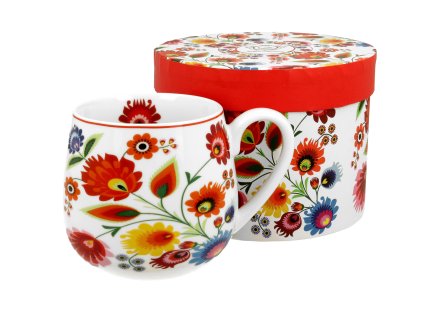 Porcelánový hrnek buclák, dekor ŁOWICZ v dárkové krabičce 430 ml.