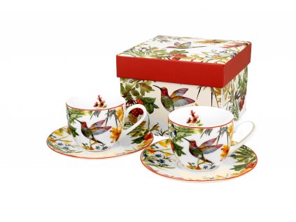 Porcelánové šálky s podšálkem na espresso, dekor Linea s ptáčkem v dárkové krabičce