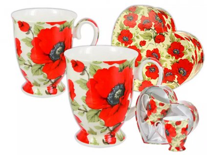 Carmani - Porcelánové hrnky VLČÍ MÁK na stopce v dárkové krabičce ve tvaru srdce -2*300 ml