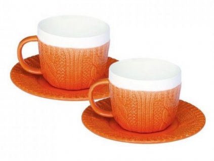 Easy Life - Porcelánová sada šálků s podšálky WOOL ORANŽOVÝ na espresso v dárkovém balení - 2*100 ml