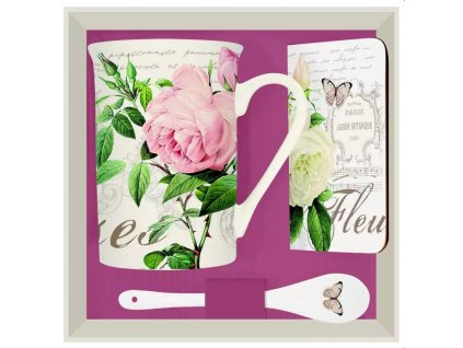 Easy Life - Porcelánový hrnek JARDIN BOTANIQUE, lžička a korková podložka v dárkové krabičce - 300 ml