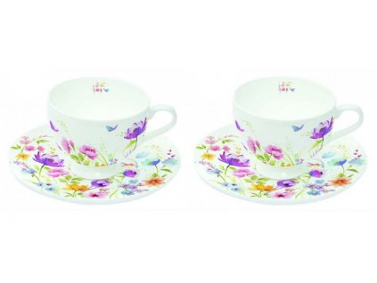 Porcelánová sada dvou šálků s podšálky na espresso ROMANTIC luční kvítí v dárkové krabičce