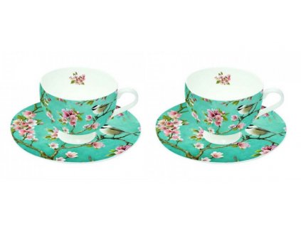 Porcelánová sada dvou šálků s podšálky na espresso ROMANTIC s ptáčky v dárkové krabičce