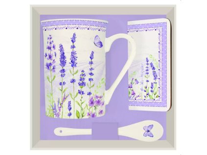 Easy Life - Porcelánový hrnek LAVENDER FIELD, lžička a korková podložka v dárkové krabičce - 300 ml