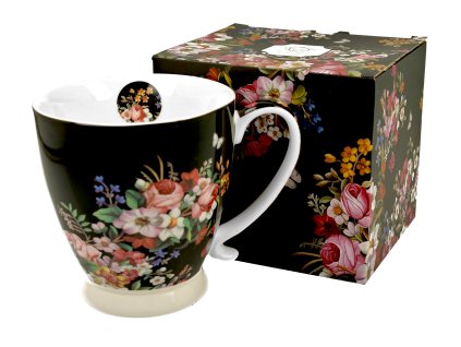 Porcelánový hrnek na stopce VINTAGE FLOWERS BLACK v dárkové krabičce