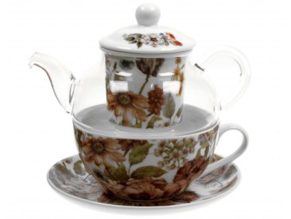 Skleněná konvice s porcelánovým šálkem a podšálkem PASTEL FLOWERS v dárkové krabičce.