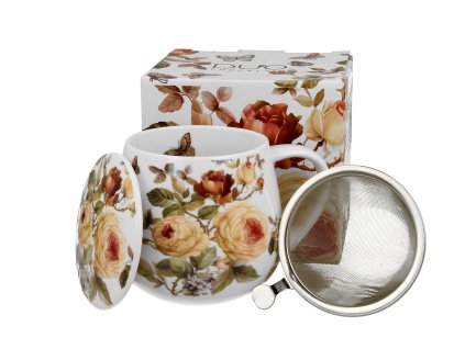 DG - Porcelánový hrnek Barylka s kovovým sítkem a víčkem Zahra, růže v dárkové krabičce - 430 ml