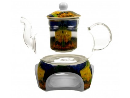 Skleněná konvice s ohřívačem na čajovou svíčku V. van Gogh TERASA V NOCI v dárkové krabičce 1000 ML