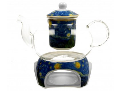 Skleněná konvice s ohřívačem na čajovou svíčku V. van Gogh STARRY NIGHT v dárkové krabičce 1000 ML