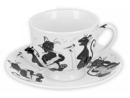 Porcelánové šálky a podšálky na espresso Černé zpívající kočky