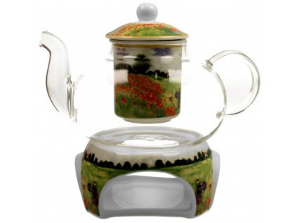 Skleněná konvice s ohřívačem na čajovou svíčku C. Monet, Pole s vlčím mákem v dárkové krabičce.