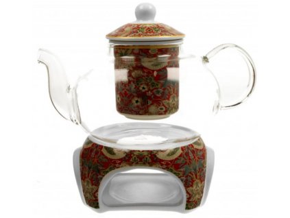Skleněná konvice s ohřívačem na čajovou svíčku William Morris, STRAWBERRY THIEF RED,