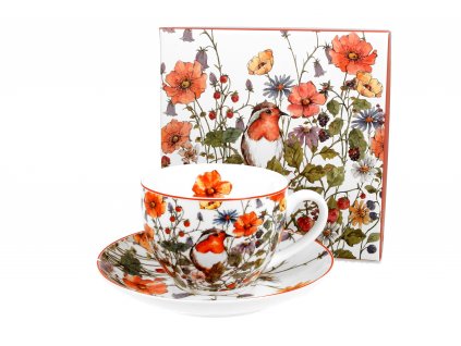 Porcelánový šálek s podšálkem, Ptáček v lučním kvítí dárkové krabičce