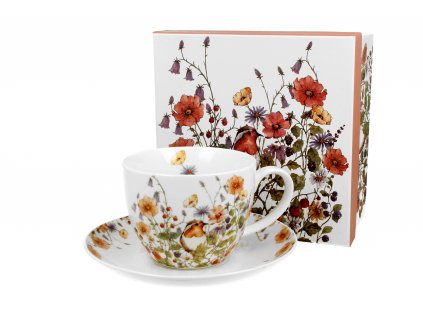 Porcelánový šálek s podšálkem, Ptáček v lučním kvítí dárkové krabičcem