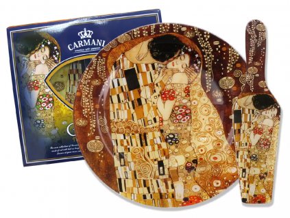 Porcelánový tác G. Klimt, Kiss směs 3 barev s lopatkou na servírování dezertů