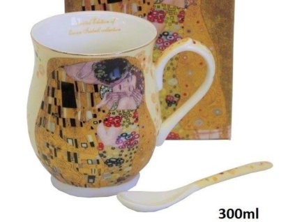 Porcelánový hrnek buclák s porcelánovou lžičkou G. Klimt, KISS v dárkové krabičce
