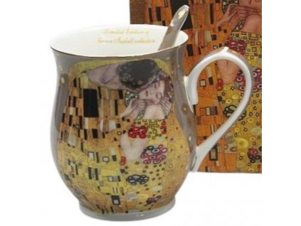 Porcelánový hrnek buclák s porcelánovou lžičkou G. Klimt, KISS v dárkové krabičce - 350 ml