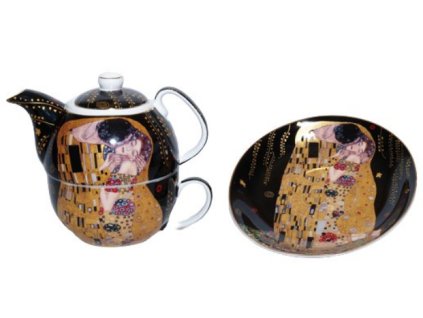 Porcelánový šálek s konvičkou a podšálkem v dárkové krabičce, G. Klimt THE KISS BLACK - 300 ml, 400 ml