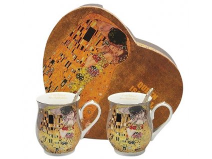 Porcelánové hrníčky BUCLÁK a lžičky G.Klimt KISS v dárkové krabici ve tvaru srdce - 2*350 ml