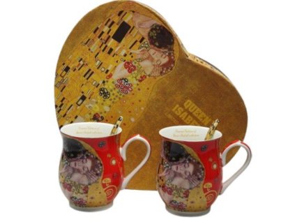 Porcelánové hrníčky buclák a lžičky G.Klimt KISS červený podklad v dárkové krabici ve tvaru srdce - 2*350 ml