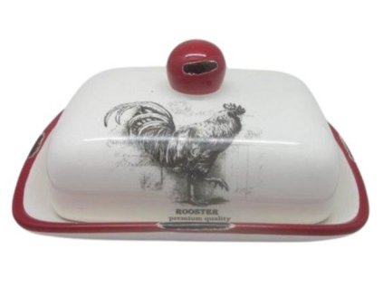 Porcelánová retro máslenka dekor KOHOUT s červenou linkou