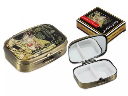Carmani - Obdélníková krabička na tablety LÉKOVKA se zrcátkem, G. Klimt, Polibek - 5,5*4*1,5 cm