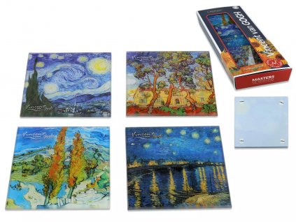 Carmani - Sada 4 skleněných tácků pod skleničky, V. van Gogh II v dárkovém balení - 4*10,5*10,5 cm