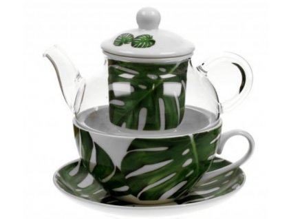 DG - Porcelánový šálek se skleněnou konvičkou a podšálkem v dárkové krabičce MONSTERA - 330 ml, 255 ml