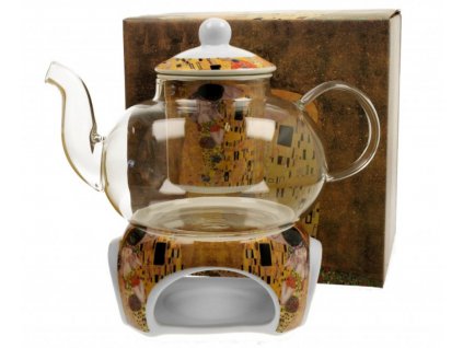 DG - Skleněná konvice s ohřívačem na čajovou svíčku G. Klimt, Polibek v dárkové krabičce - 1000 ml