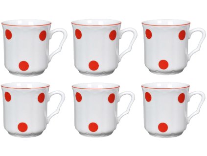 Porcelánové hrnky červené PUNTÍKY s červenou linkou - 6*270 ml
