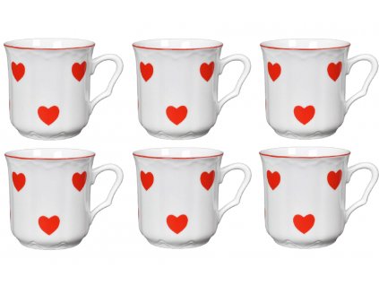 Porcelánové hrnky červená SRDÍČKA s červenou linkou - 6*270 ml