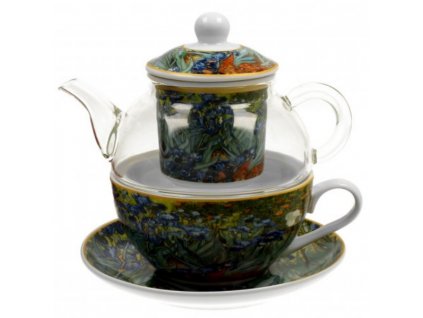 DG - Porcelánový šálek se skleněnou konvičkou a podšálkem v dárkové krabičce V. van Gogh IRISES, kosatce- 255 ml, 330 ml