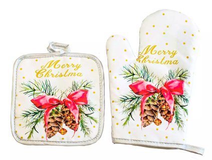 Carmani - Kuchyňská rukavice a chňapka Vánoce, šišky- 17,5*17,5 cm, 27*17 cm