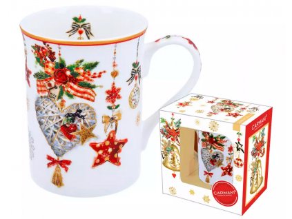 Carmani - Porcelánový hrnek s dekorem vánočních ozdob v dárkové krabičce - 350 ml