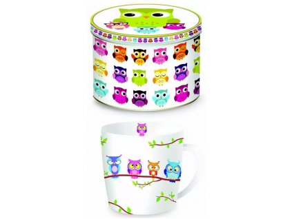Easy Life - Porcelánový hrnek Owls Branch s barevnými sovičkami plechové krabičce - 350 ml