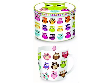 Easy Life - Porcelánový hrnek Owls Fancy s barevnými sovičkami plechové krabičce - 350 ml