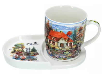 Carmani - Snídaňový porcelánový tácek s hrnkem anglický venkov, Dům nad rybníkem - 300 ml