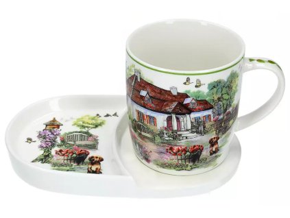 Carmani - Snídaňový porcelánový tácek s hrnkem anglický venkov, Bílý dům - 300 ml