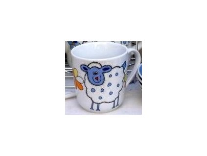 Porcelánový hrníček s ovečkou a oranžovo žlutou kytičkou a porcelánovou lžičkou - 200 ml