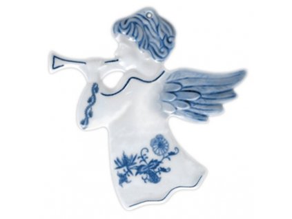 Cibulák - Porcelánová vánoční ozdoba, Anděl s trumpetkou hladký - 9,4 x 8,8 cm
