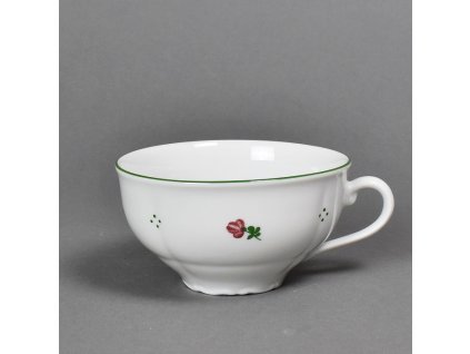 Porcelánový šálek nízký na čaj s červenou kytičkou a zelenou linkou - 200 ml