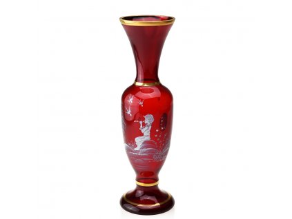 Skleněná váza rubínová, ruční malba Chlapec s píšťalou